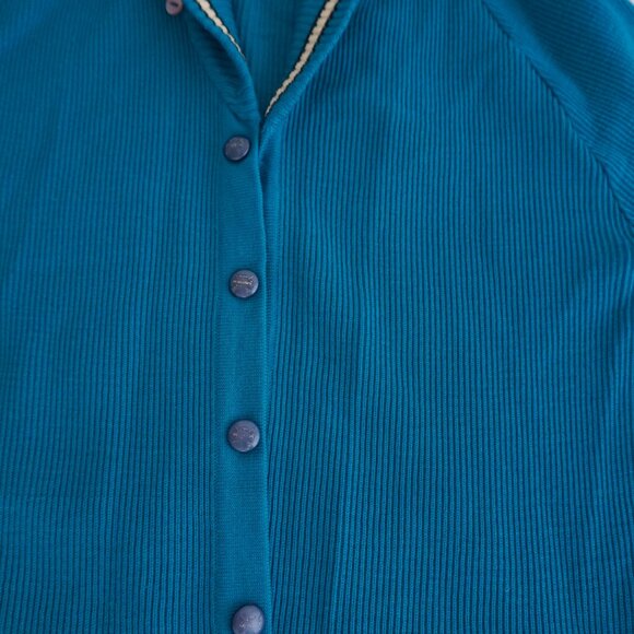 Vintage Italian Art Knitting Teal Ribs Knit Button Cardigan Stripe Collar L (42) - Picture 6 of 9